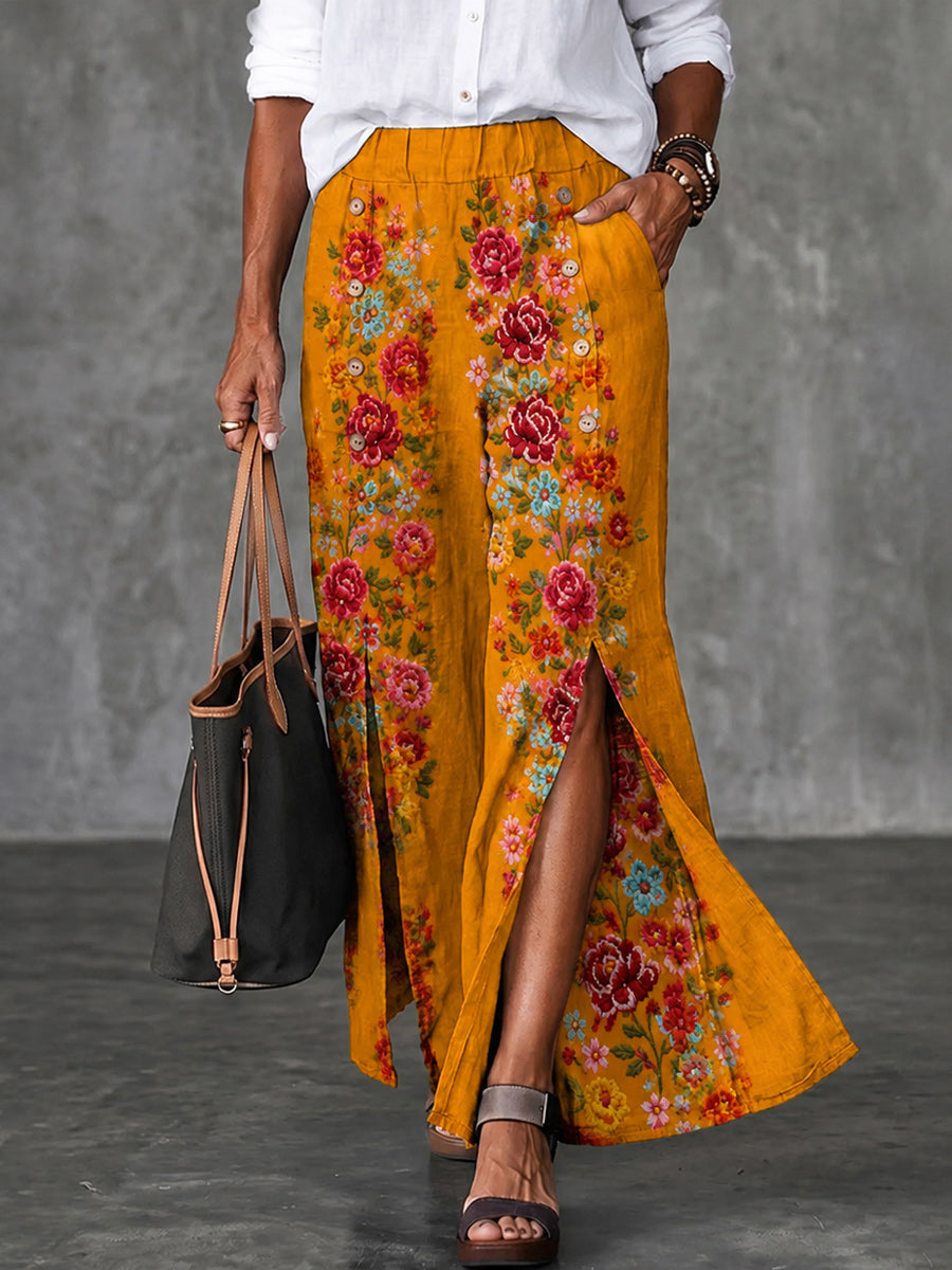Women's Retro Art Print Button Front Wide Leg Pants